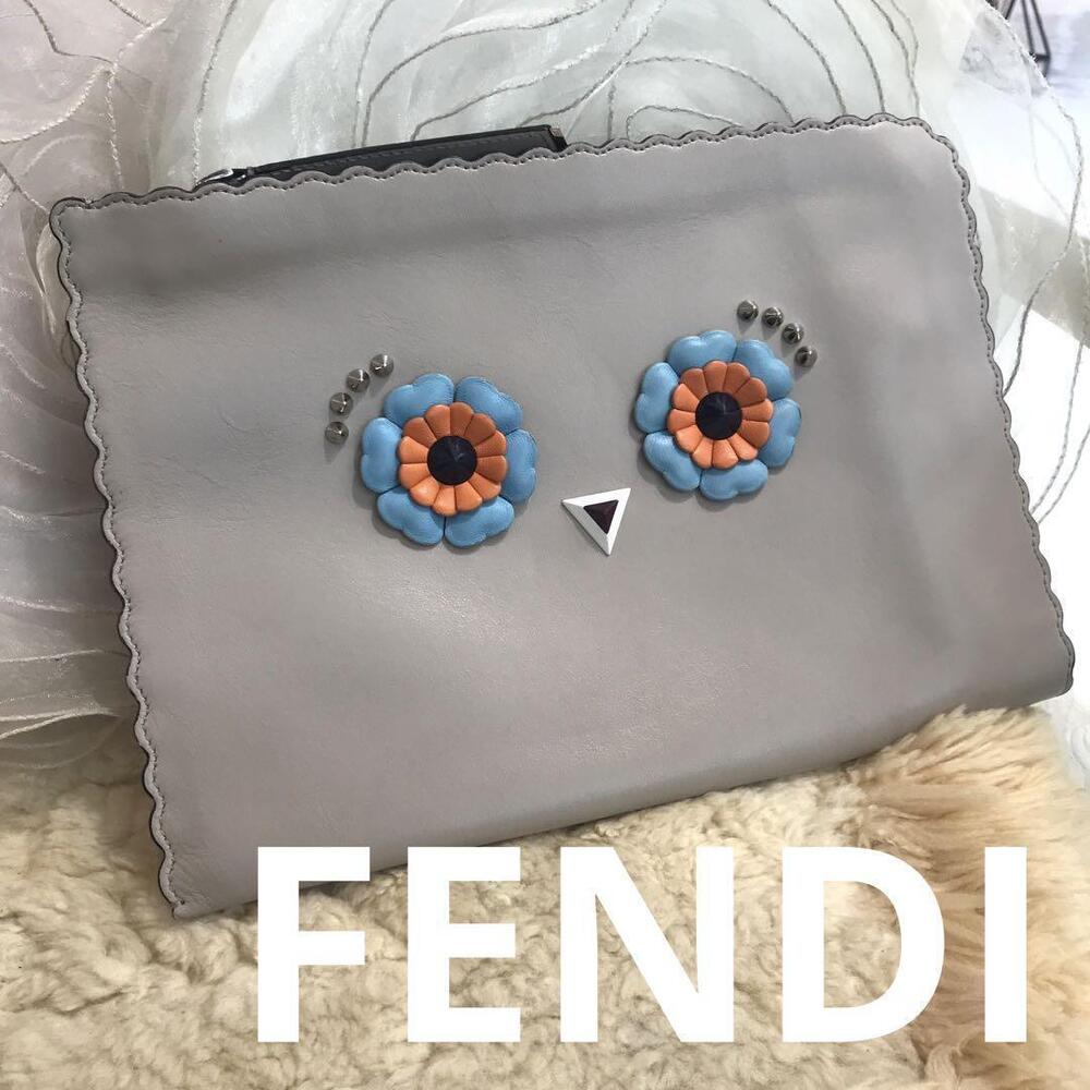 Fendi Pouch Monster Bag Clutch Leather Black